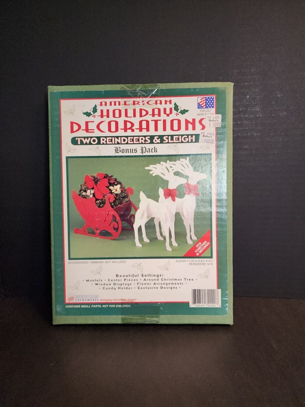 Vtg American Trendwares Christmas Two REINDEERS & SLEIGH Hard Plastic